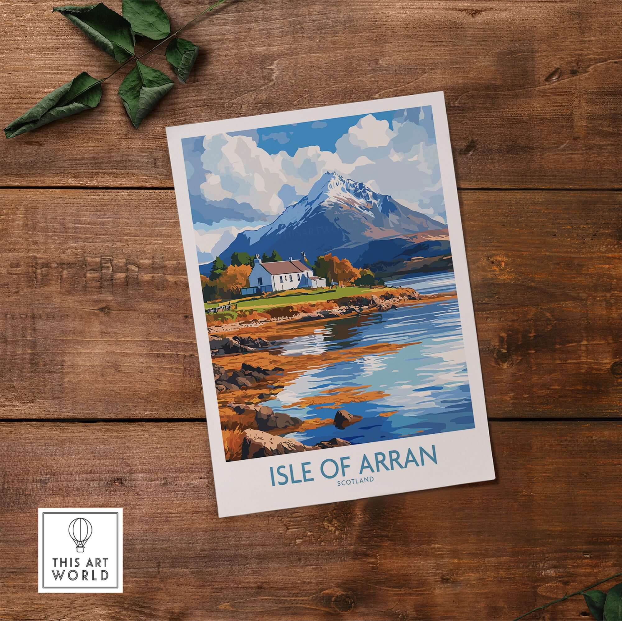 Isle of Arran Poster featuring stunning Scottish landscapes and a serene mountain backdrop.