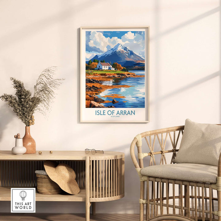 Isle of Arran poster displayed on a wall, showcasing scenic views and tranquil landscapes of Scotland.