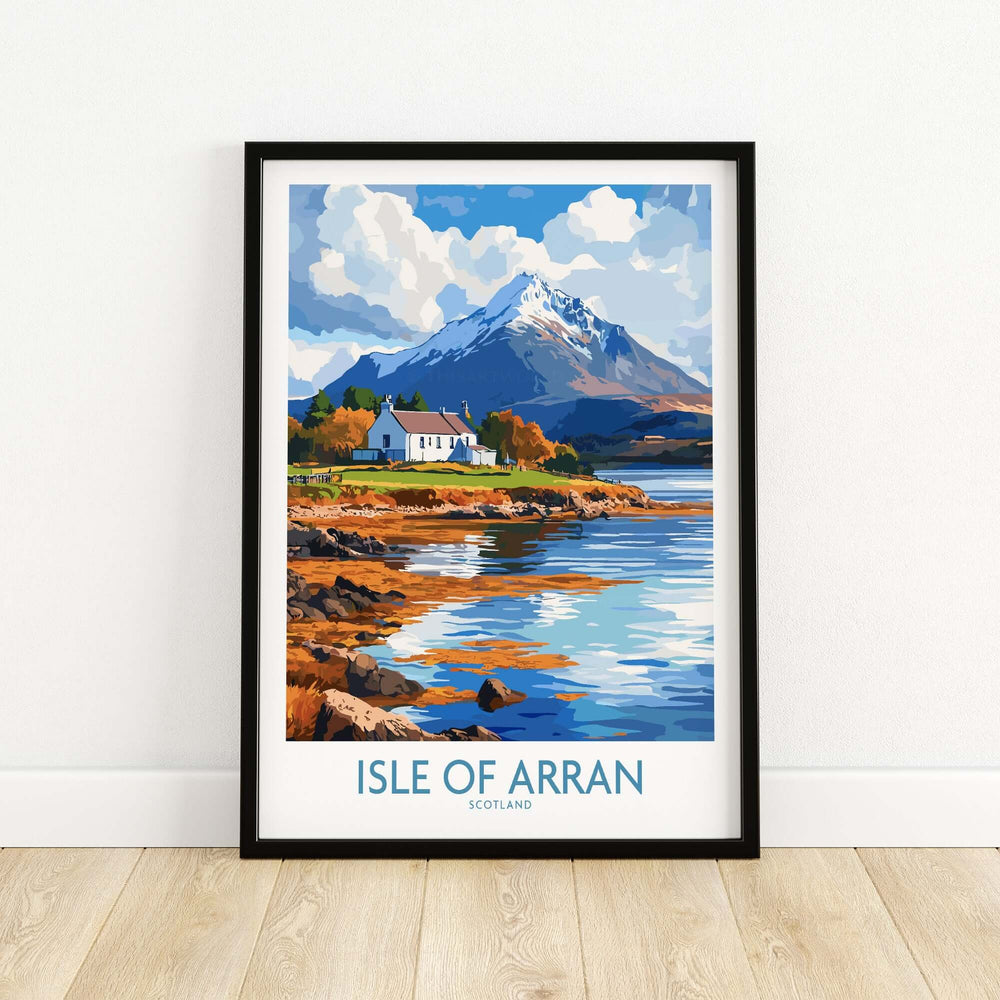 Colorful Isle of Arran poster featuring a scenic mountain view and tranquil waters of Scotland.