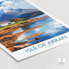 Isle of Arran Poster showcasing scenic views of the Isle of Arran, Scotland with mountains and reflections in water.