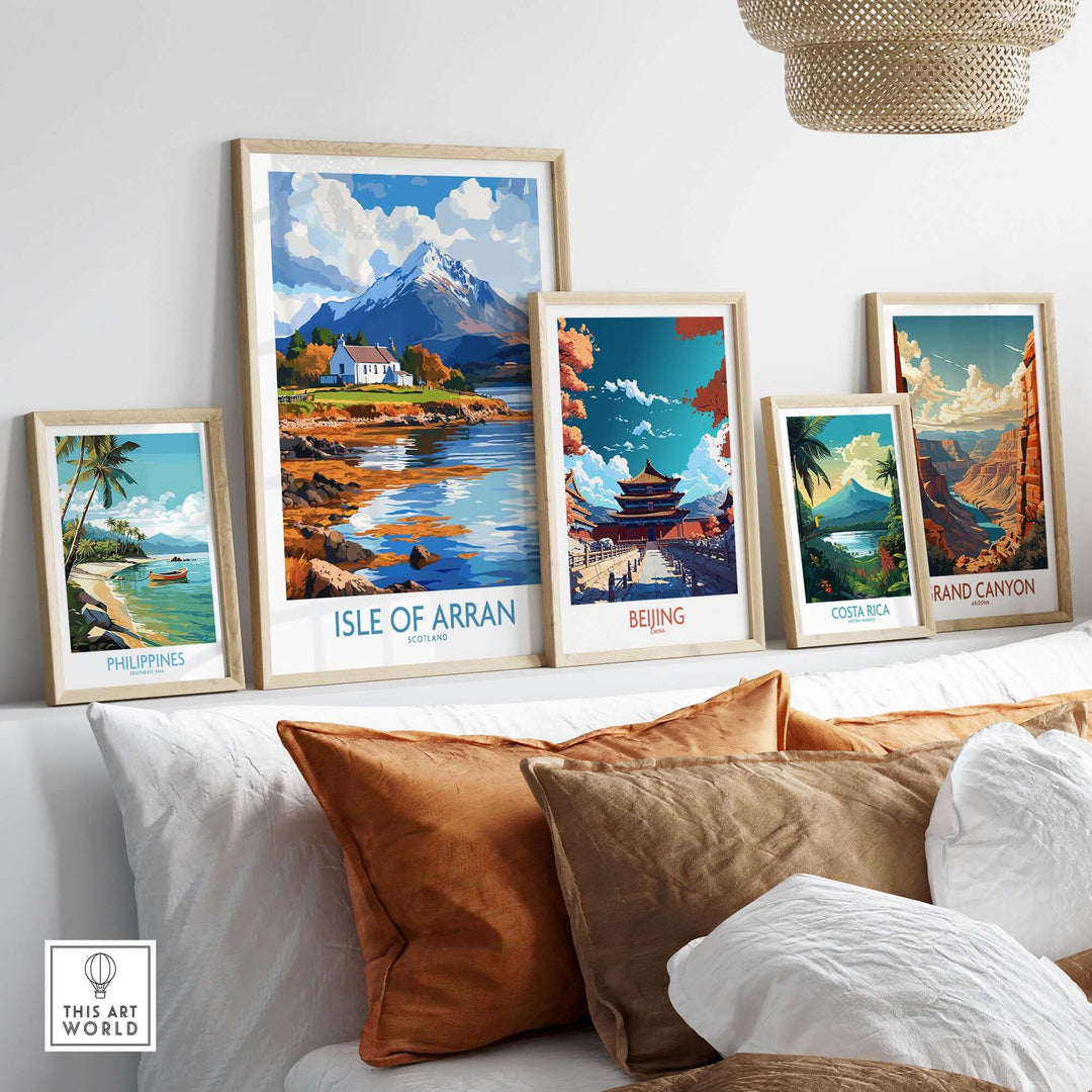 Isle of Arran poster displayed among other travel art prints, showcasing scenic landscapes and vibrant colors.