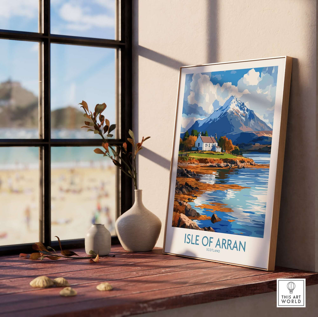 Isle of Arran poster featuring a scenic landscape of Scotland with mountains and a coastal view on a sunny day.