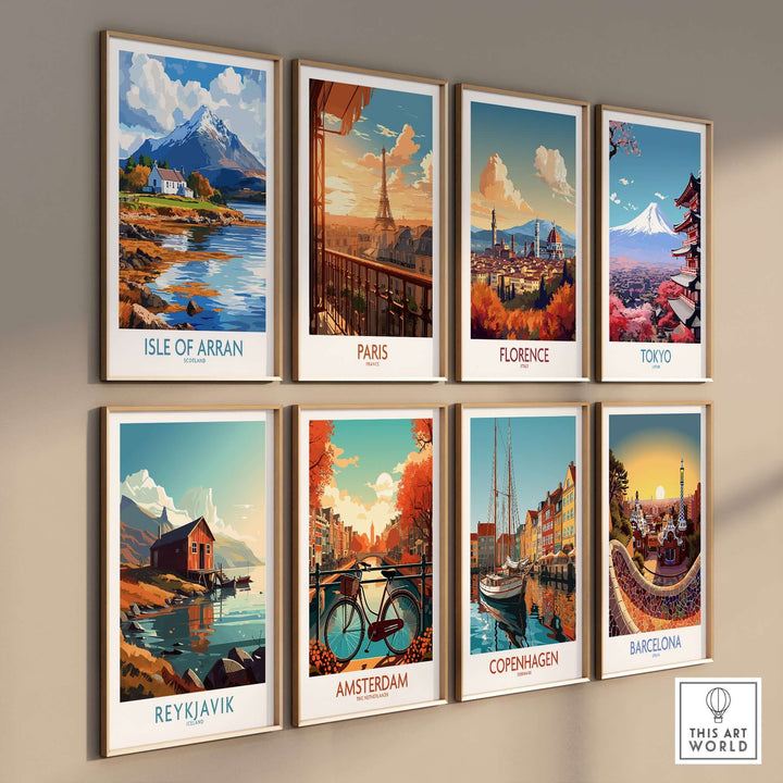 Collection of city travel posters including Isle of Arran, Paris, Florence, Tokyo, Reykjavik, Amsterdam, Copenhagen, and Barcelona.