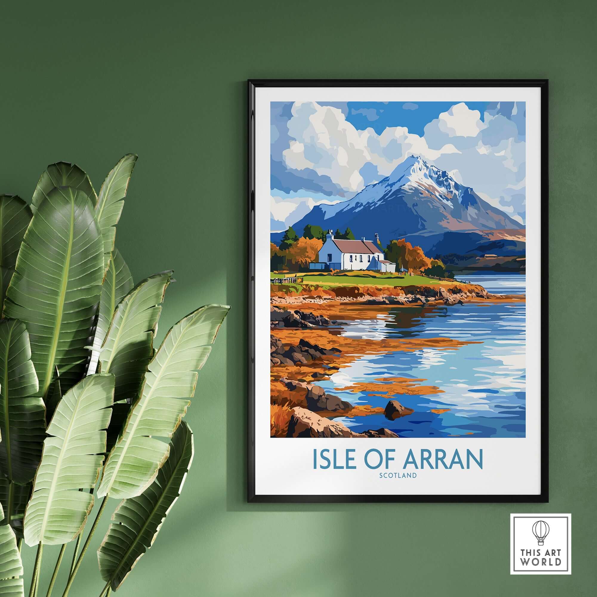Isle of Arran Poster featuring picturesque landscapes of Scotland, showcasing vibrant colors and serene views.