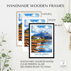 Isle of Arran Poster displayed in handmade wooden frames in natural, white, and black finishes.