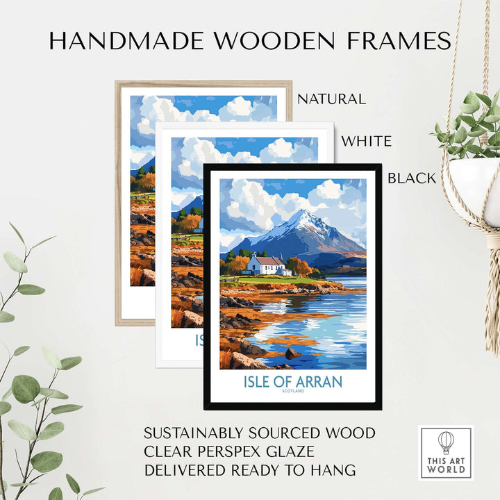 Isle of Arran poster displayed in three handmade wooden frames: natural, white, and black, ready to hang.