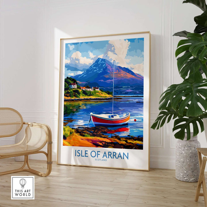 Isle of Arran poster featuring a boat and picturesque Scottish landscape, perfect for home decor.