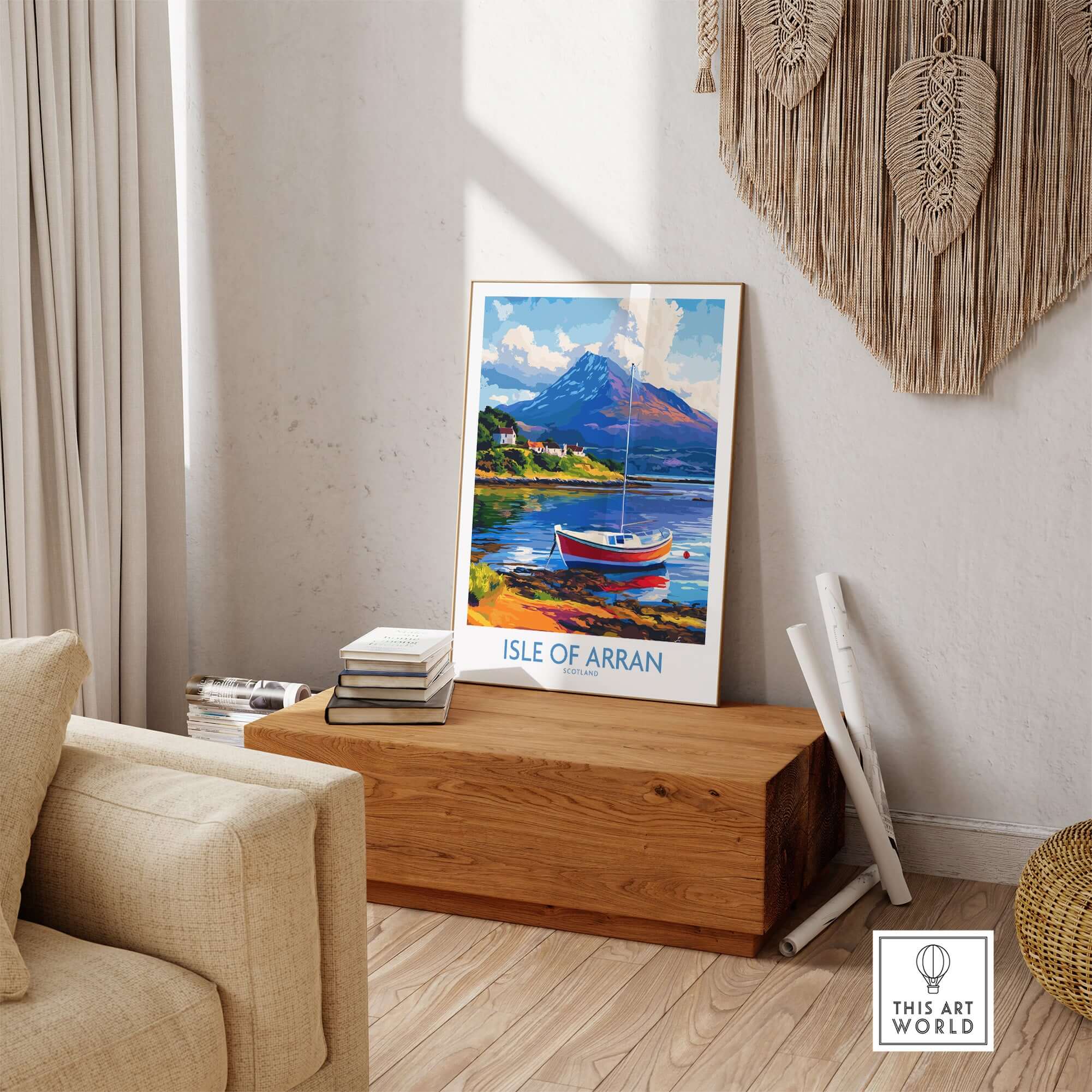 Isle of Arran Poster Scotland displayed in a cozy living room with a beautiful landscape background.