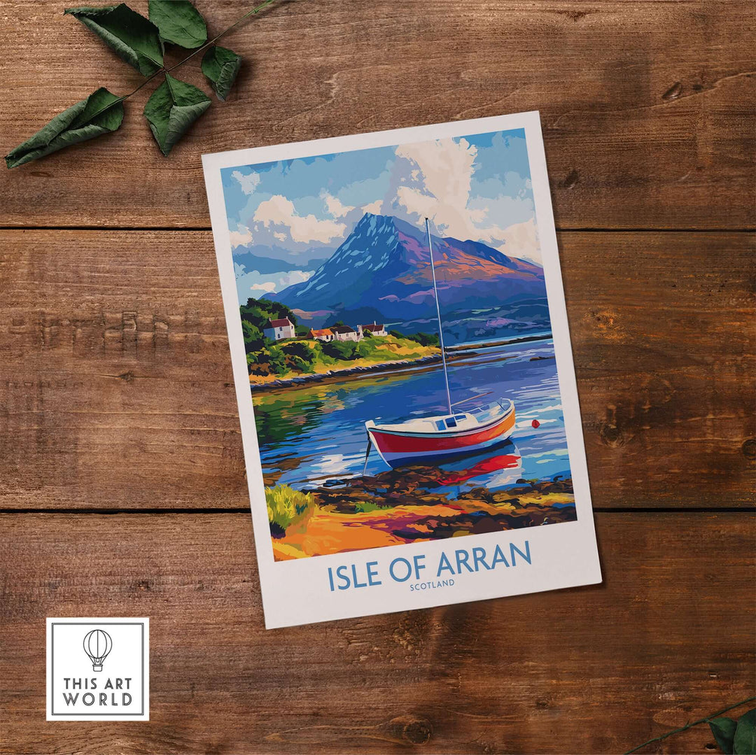 Isle of Arran poster showcasing Scotland's scenic landscapes with a boat and mountains.