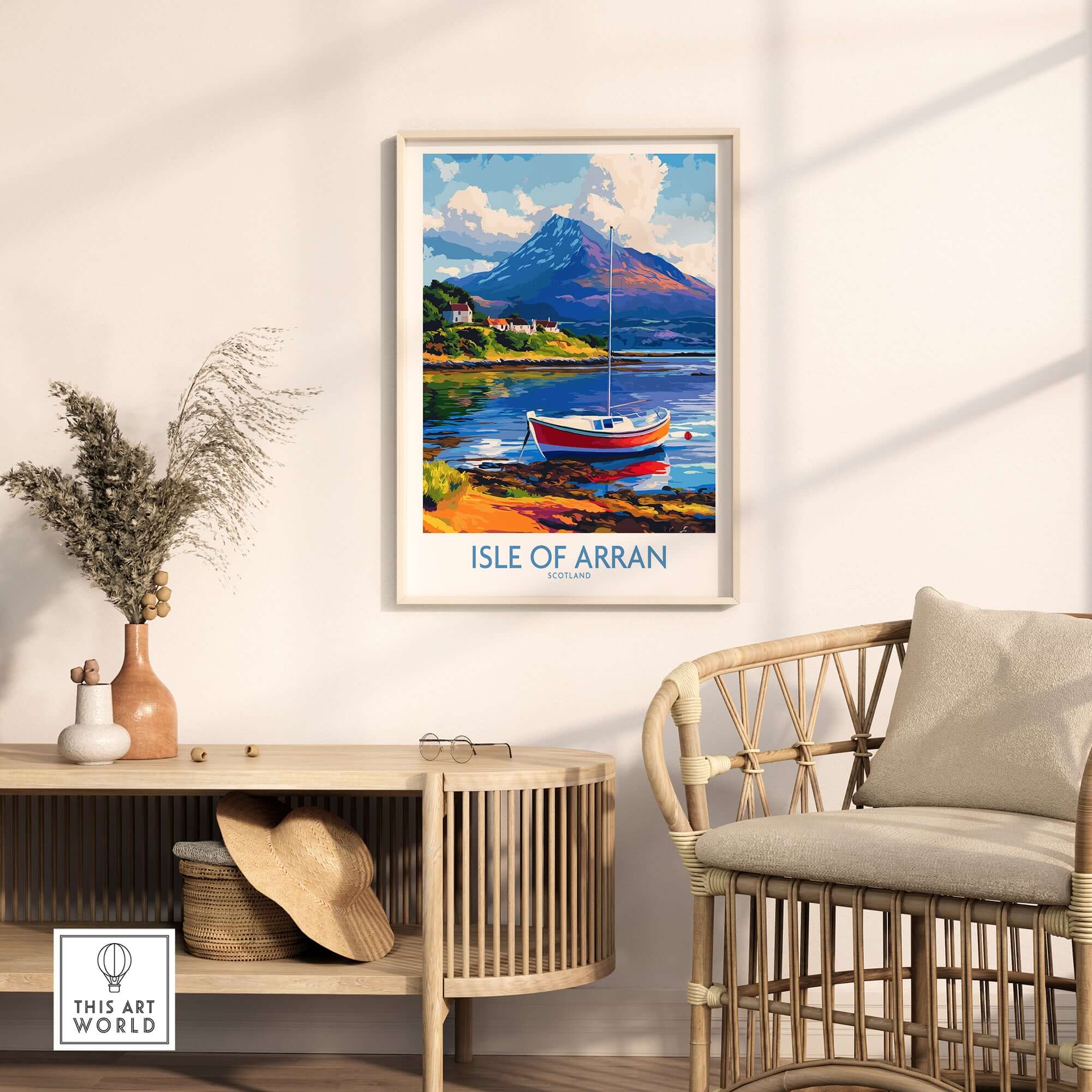 Isle of Arran Poster Scotland showcasing stunning imagery of the island with a boat and mountains.