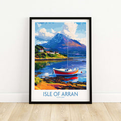 Isle of Arran Poster Scotland featuring a scenic view of a boat and mountains in vibrant colors.