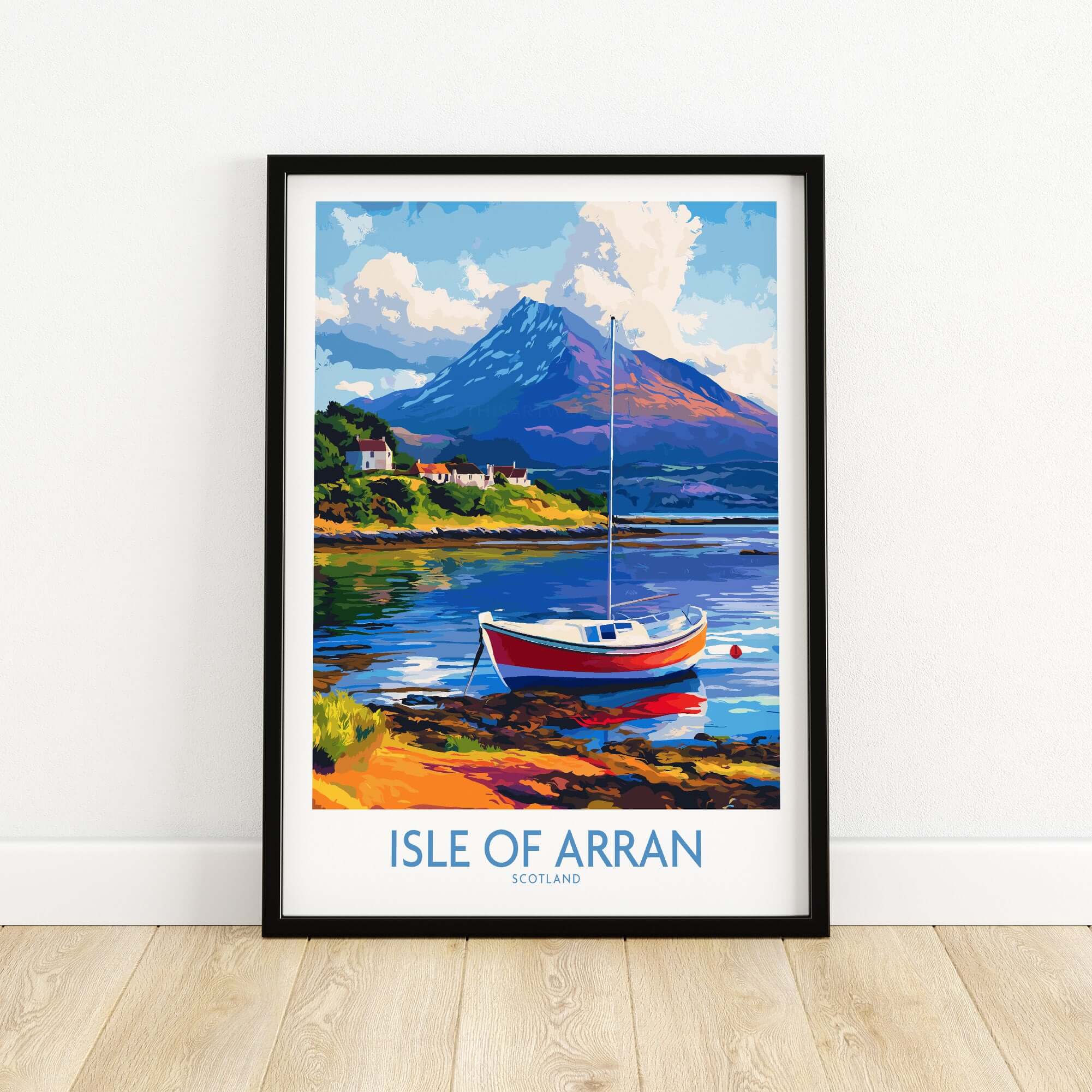 Isle of Arran Poster Scotland featuring a scenic view of a boat and mountains in vibrant colors.