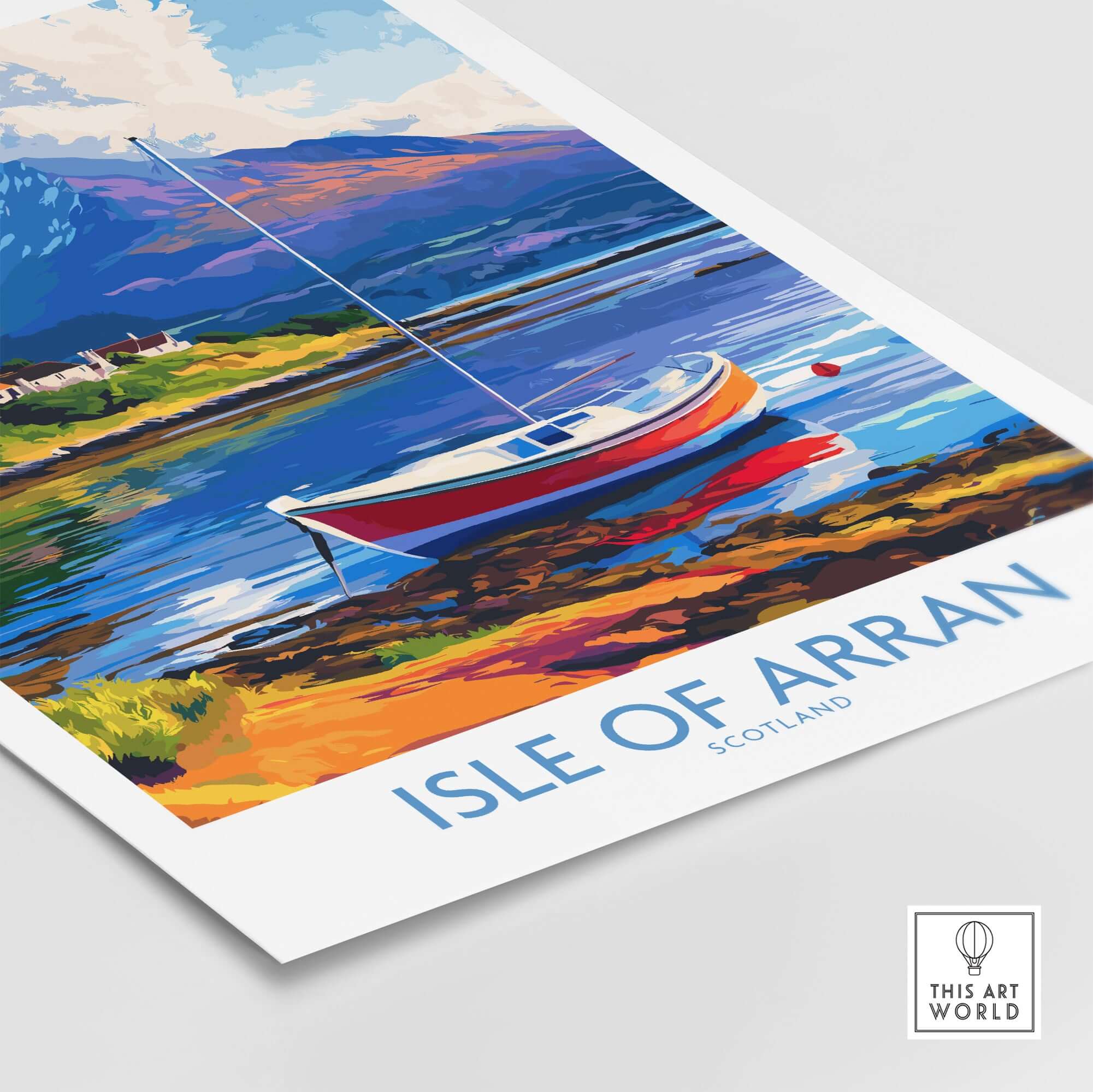 Isle of Arran Poster Scotland featuring a vibrant boat on the serene waters of Arran, showcasing Scotland's natural beauty.