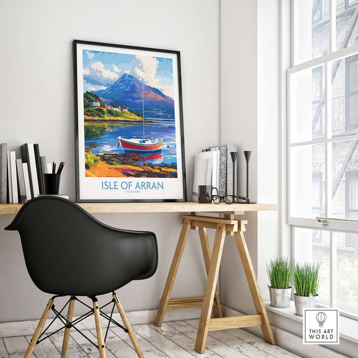 Isle of Arran poster featuring a scenic view of Scotland's landscapes, displayed in a stylish home office setting.