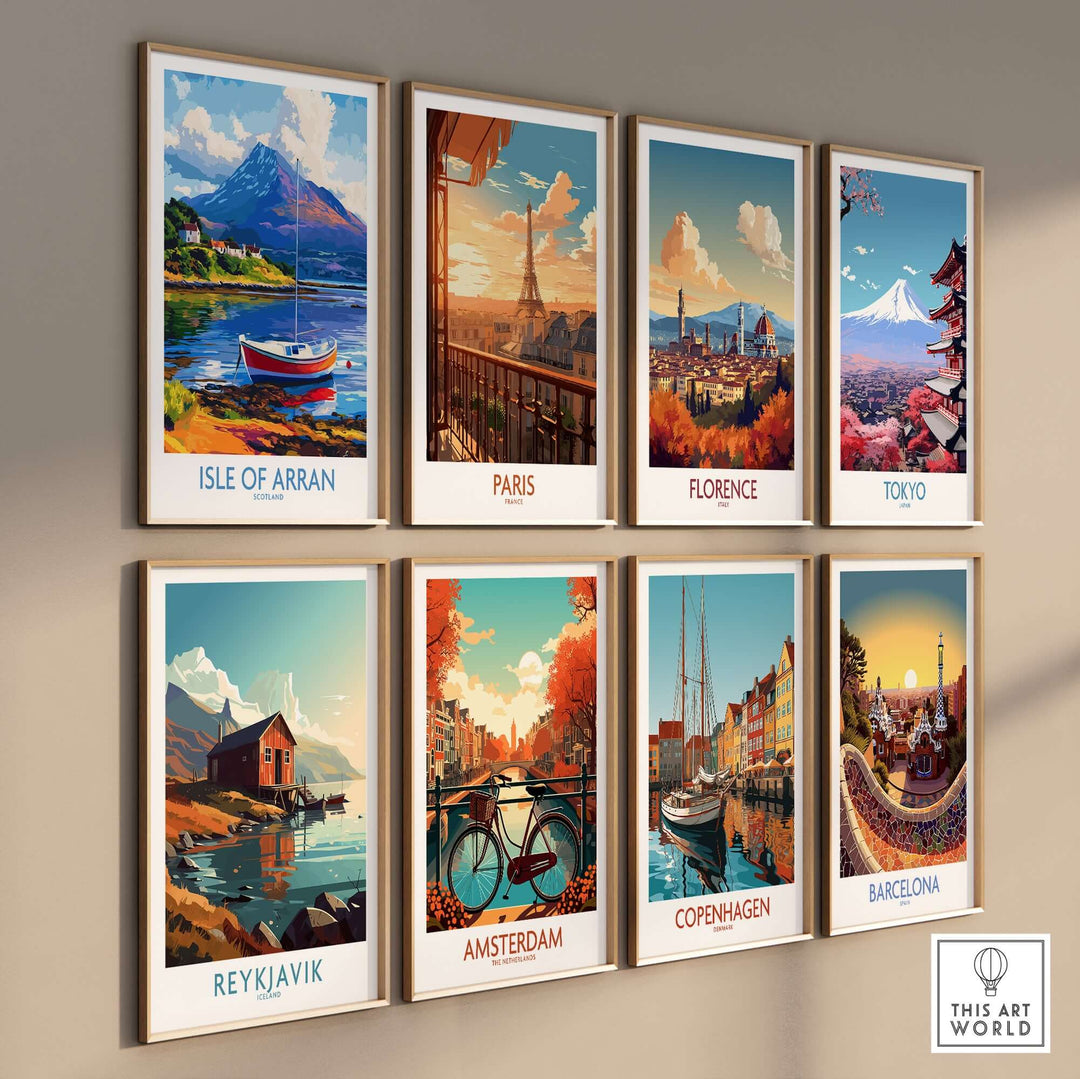 Collection of travel posters featuring Isle of Arran, Paris, Florence, Tokyo, Reykjavik, Amsterdam, Copenhagen, and Barcelona.