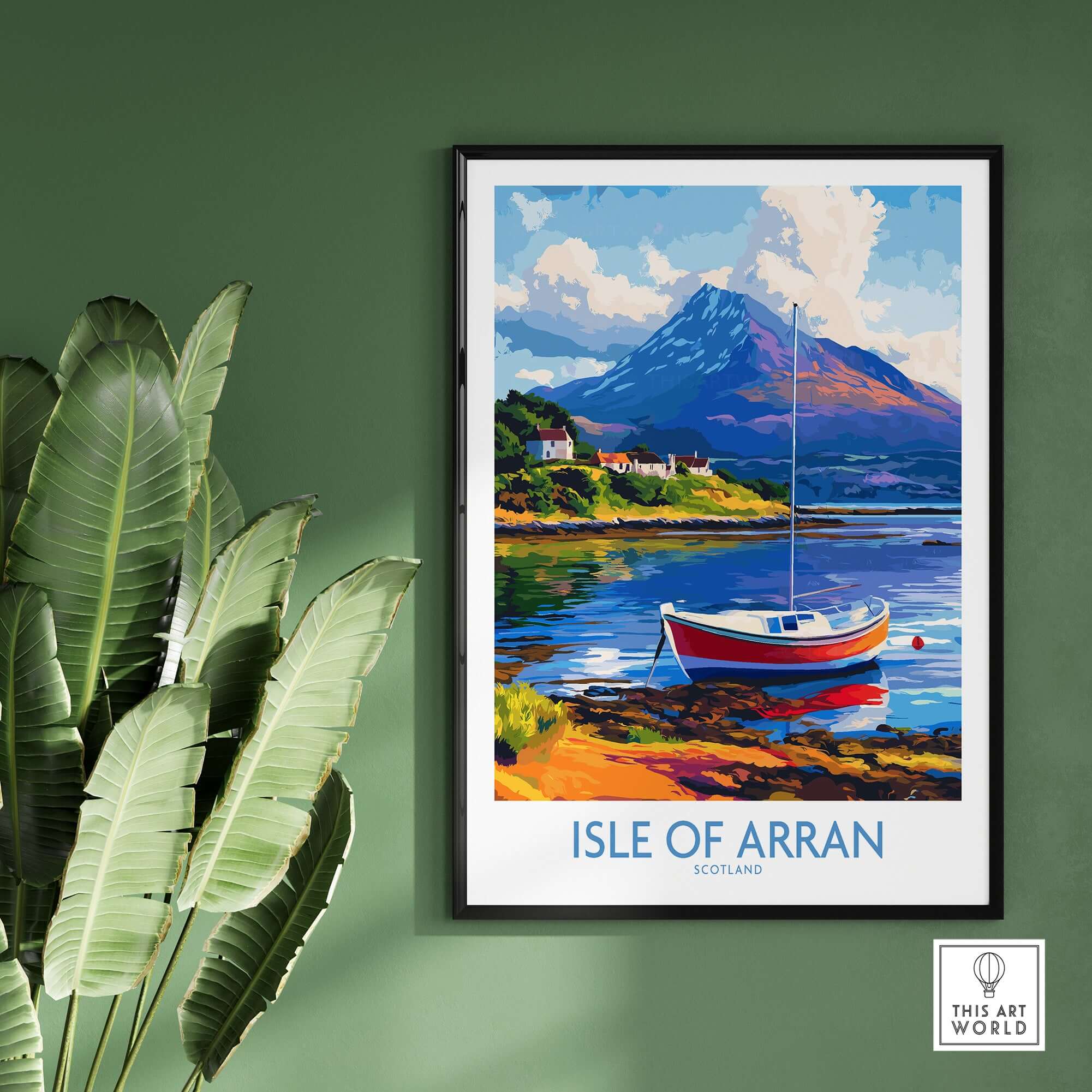 Isle of Arran Poster Scotland featuring a scenic boat view with mountains and greenery.