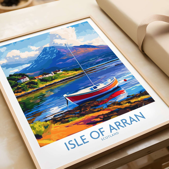 Isle of Arran poster showcasing a vibrant boat scene and picturesque landscapes of Scotland.