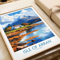 Isle of Arran Poster showcasing beautiful Scottish landscapes with mountains and reflection in the water.