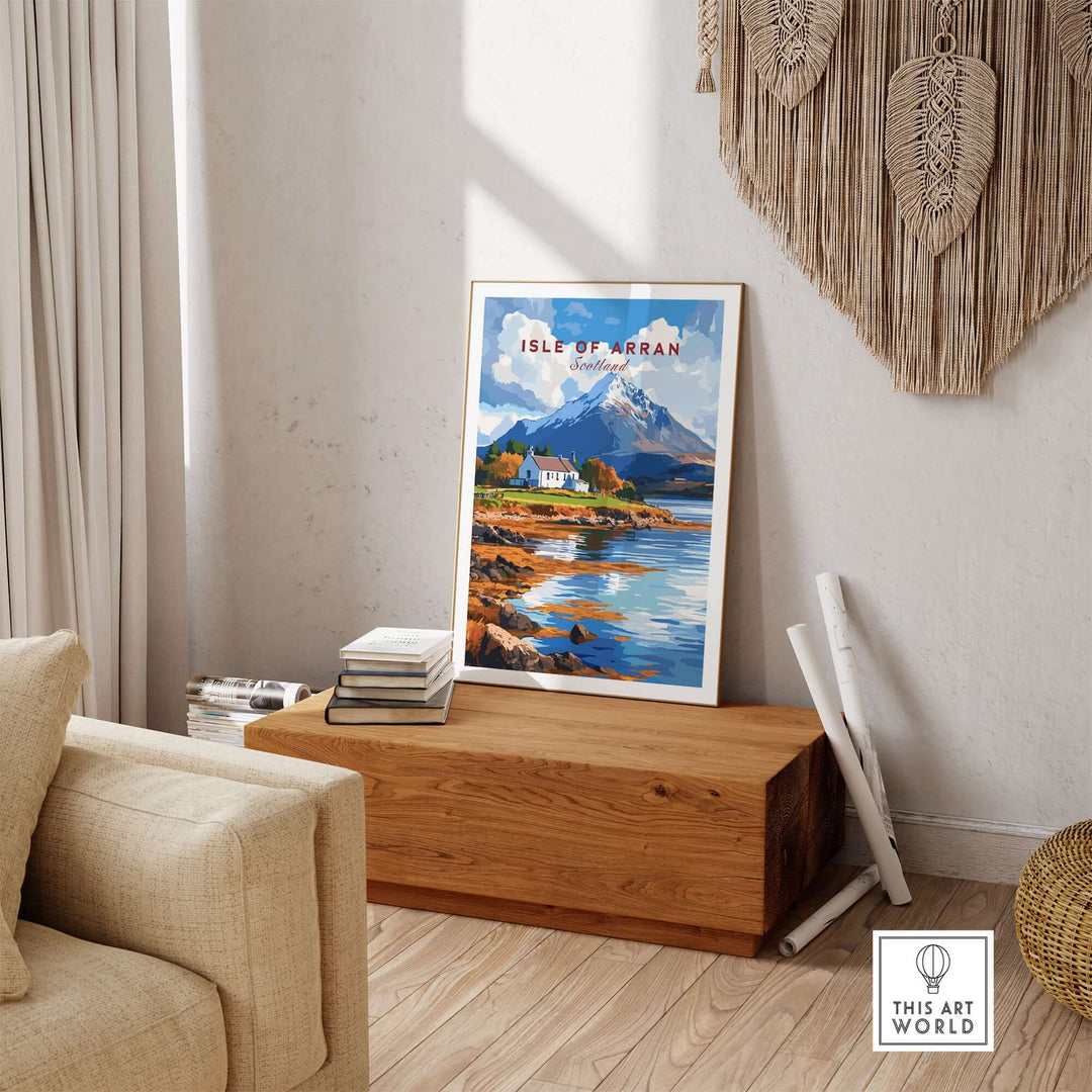 Isle of Arran print showcasing Scotland's rugged landscapes in a stylish home decor setting.