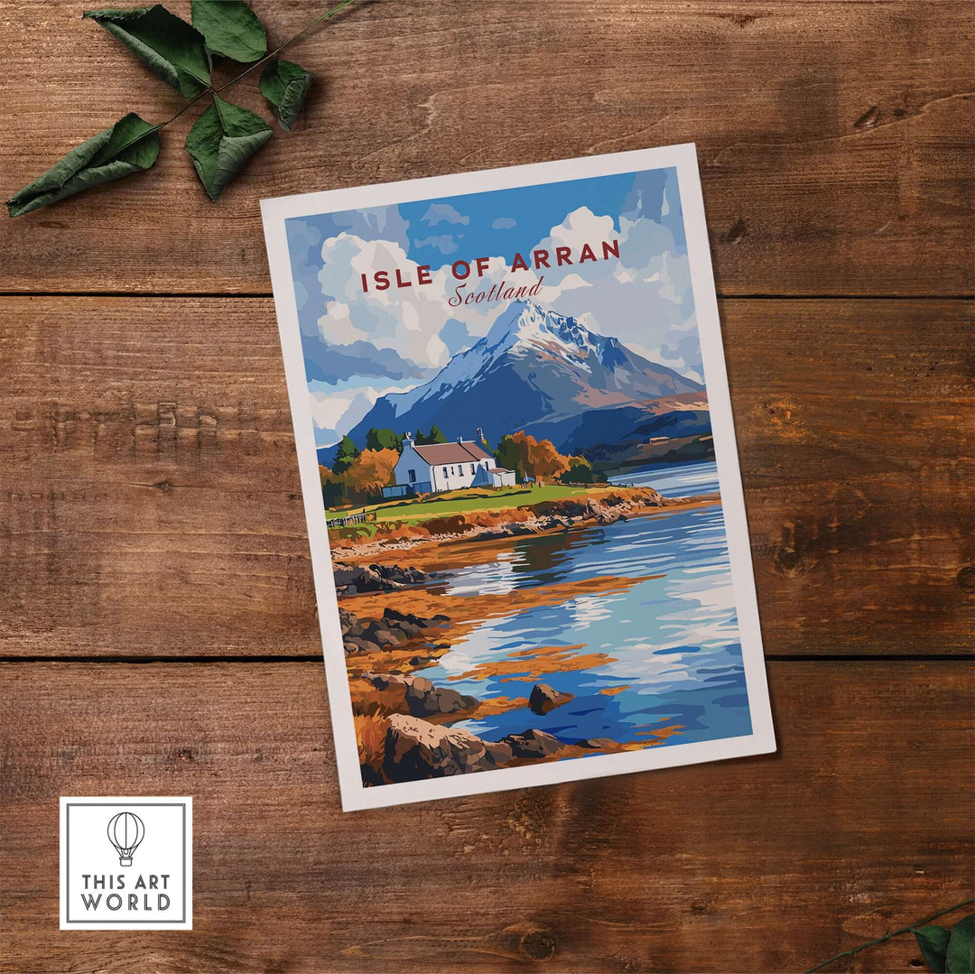 Isle of Arran print showcasing rugged Scottish landscapes and a picturesque house by the water.