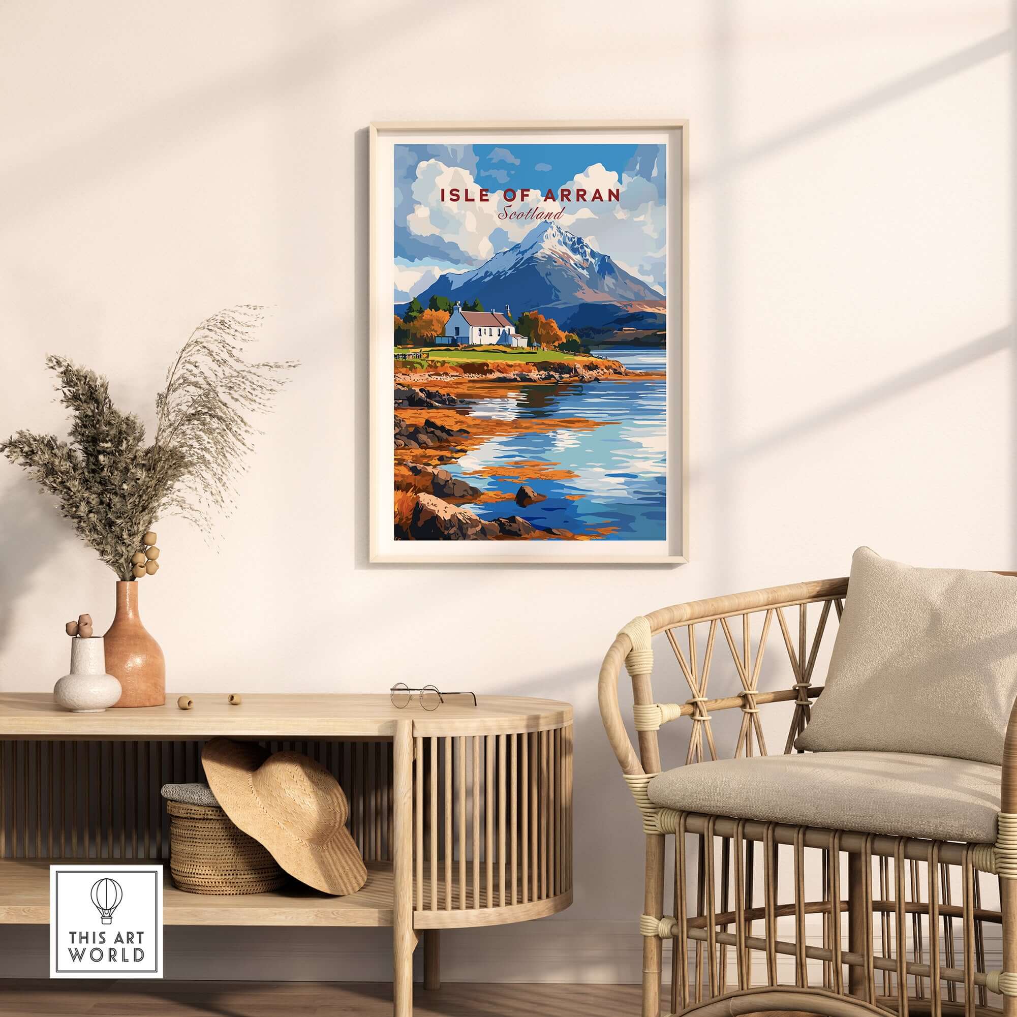 Isle of Arran Print showcasing Scotland's beauty in a stylish interior setting.