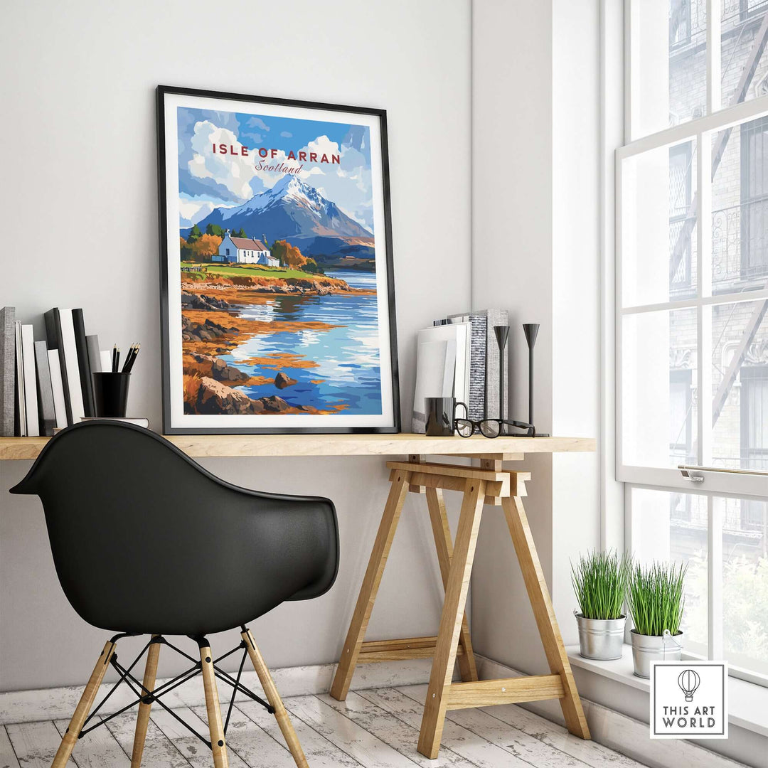 Isle of Arran print displayed in modern home office, showcasing rugged Scottish landscapes and charming scenery.