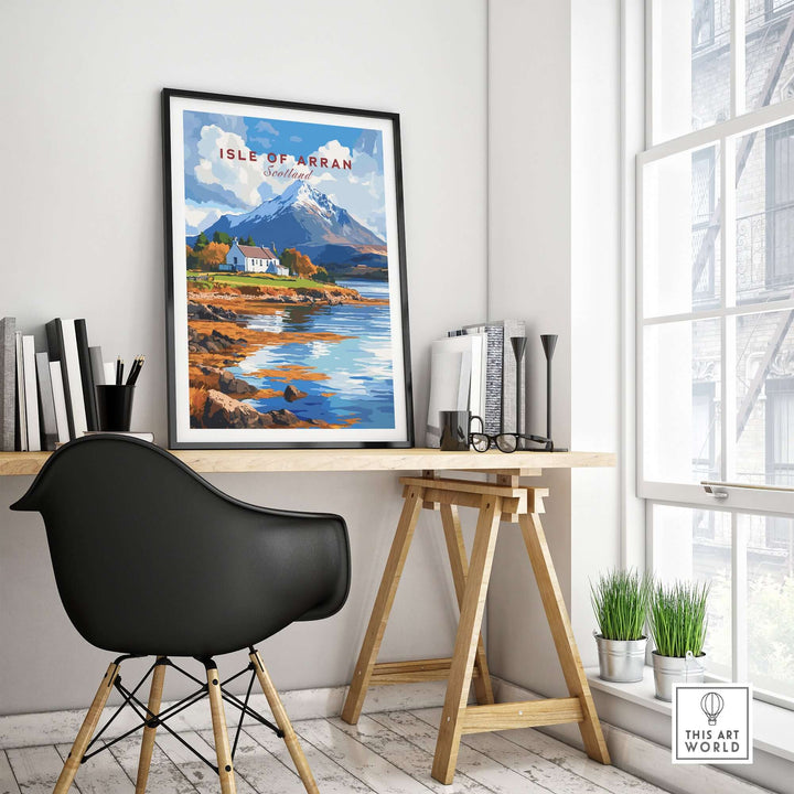 Isle of Arran print displayed in modern home office, showcasing rugged Scottish landscapes and charming scenery.