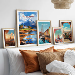 Isle of Arran Print displayed among other travel prints on a stylish wall, enhancing home decor with Scottish charm.
