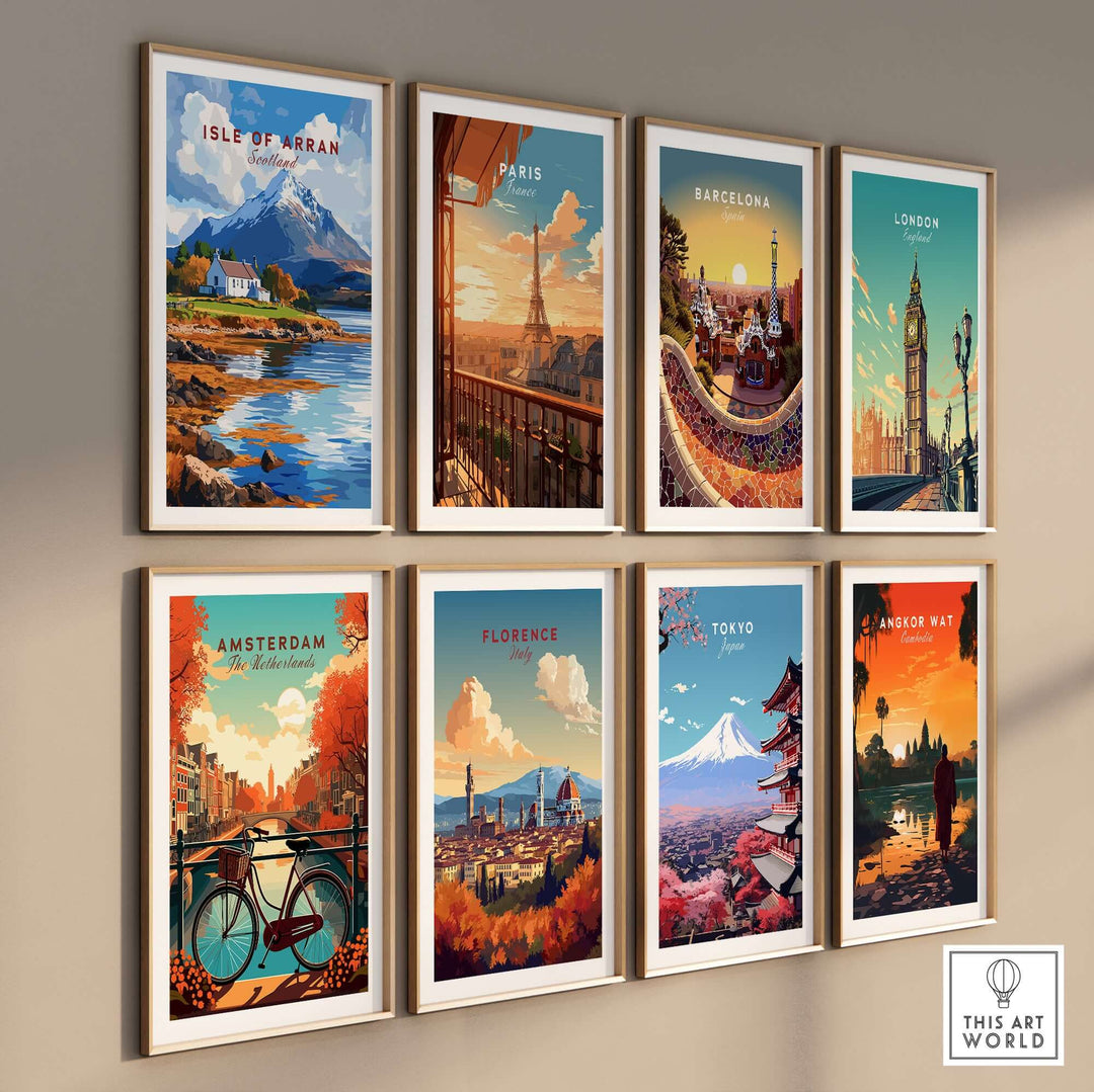 Gallery wall featuring Isle of Arran and other city prints, showcasing vibrant landscapes and iconic landmarks.