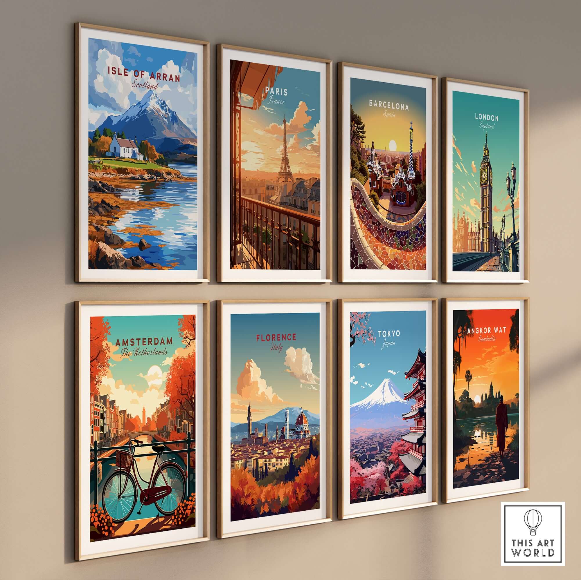 Stylish wall art featuring Isle of Arran Print among iconic city prints from around the world.