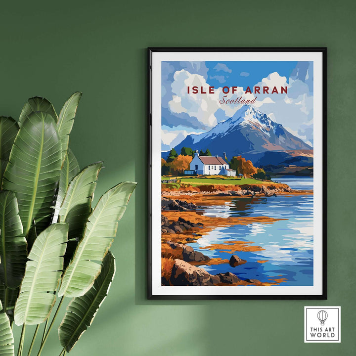 Isle of Arran Print showcasing a scenic Scottish landscape with mountains and reflections on water, ideal for home decor.