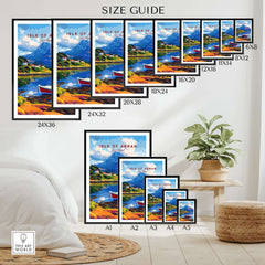 Isle of Arran Print Scotland size guide showcasing various print sizes and their frames in a home setting.