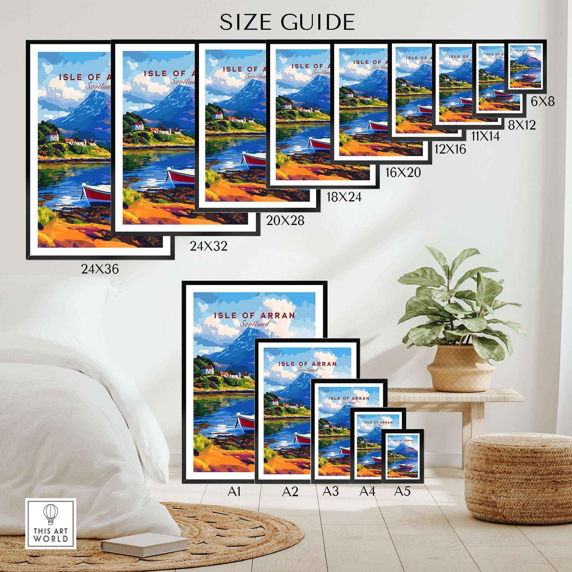 Isle of Arran Print Scotland size guide showcasing various print sizes and their frames in a home setting.