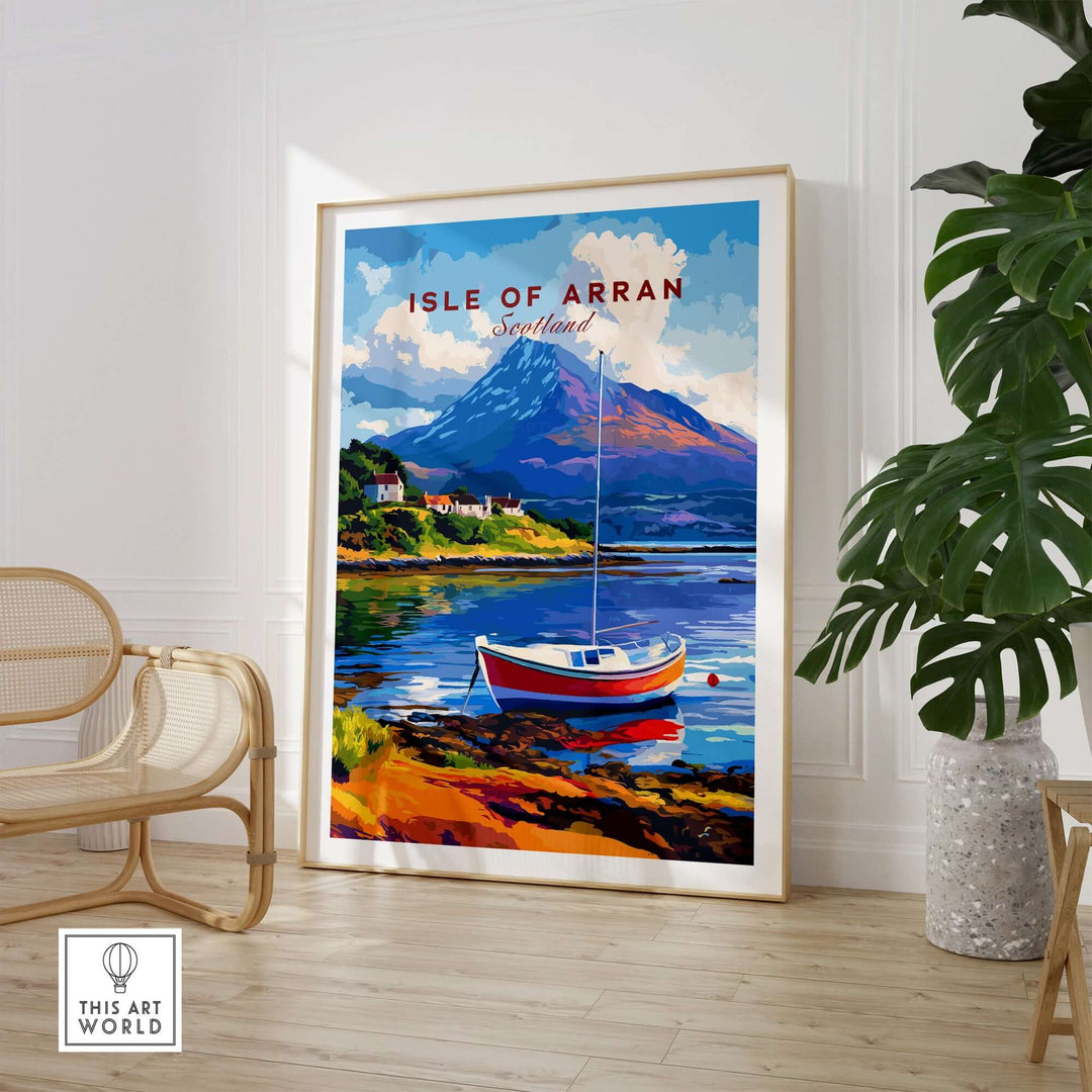 Colorful Isle of Arran print featuring a boat and Scottish landscape, adding charm to home decor.