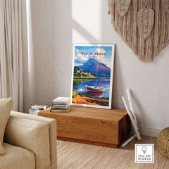 Isle of Arran Print Scotland showcased in a cozy living room with a scenic backdrop and stylish decor.