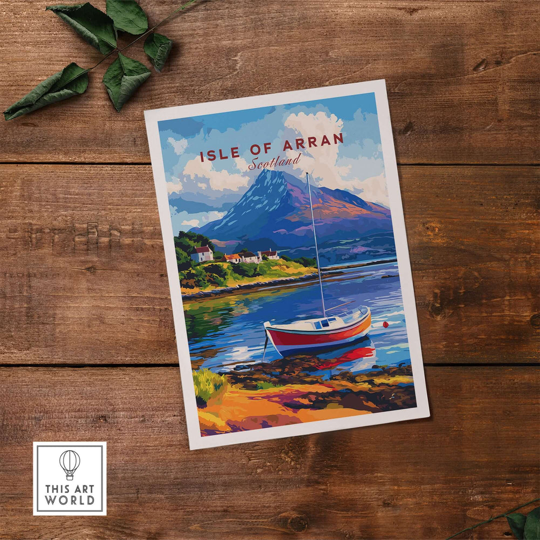 Isle of Arran print featuring a boat and mountains, showcasing the beauty of Scotland's landscape.