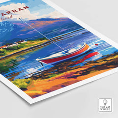Isle of Arran Print Scotland featuring a colorful boat on a vibrant landscape with mountains and water.