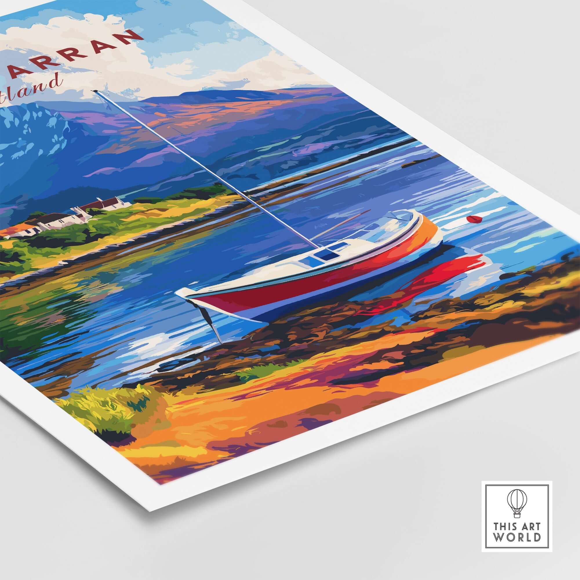 Isle of Arran Print Scotland featuring a colorful boat on a vibrant landscape with mountains and water.