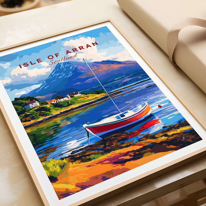 Isle of Arran Print featuring a colorful boat on serene waters with mountains in the background, showcasing Scottish beauty.