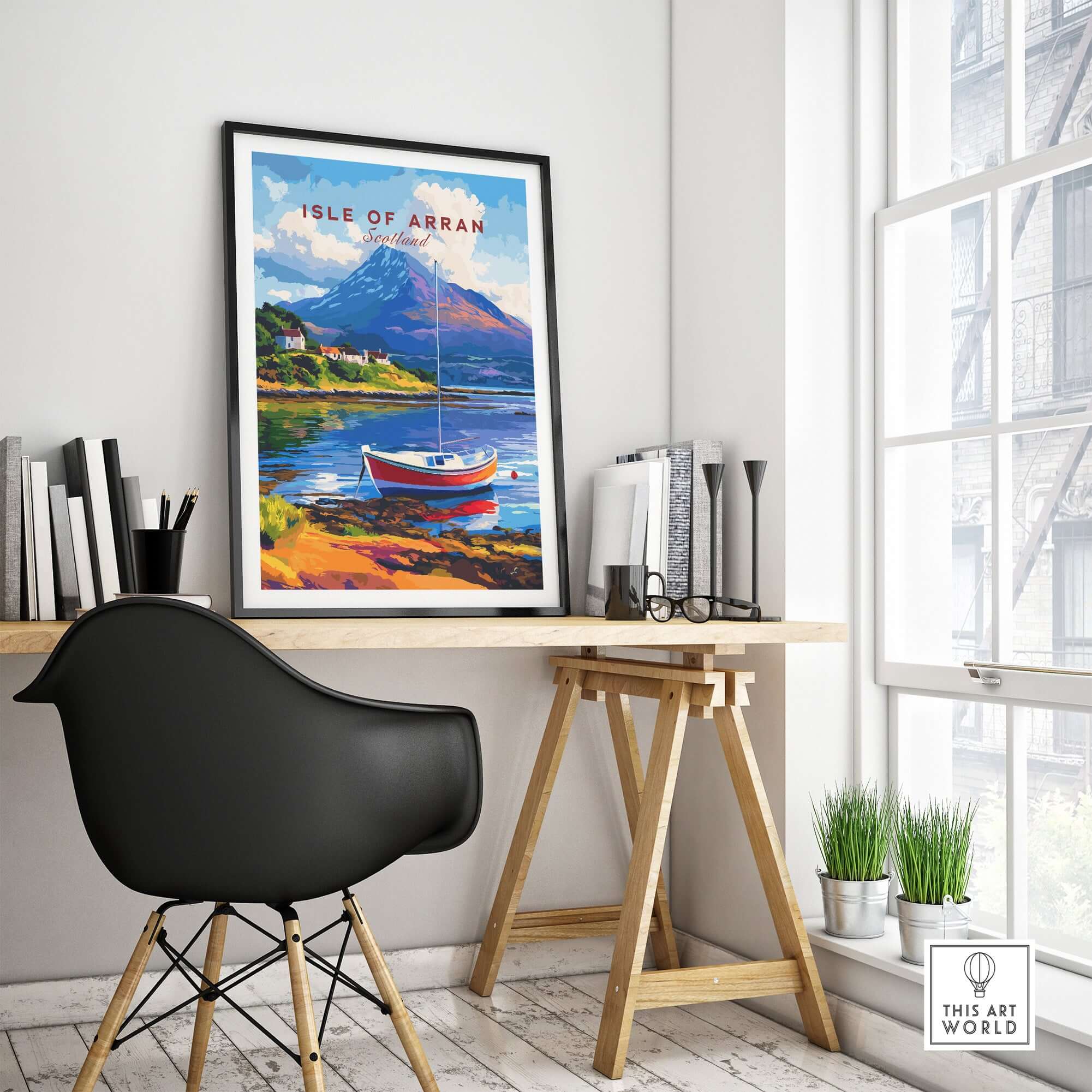 Isle of Arran Print Scotland displayed in a stylish home office, showcasing the scenic beauty of Scotland.