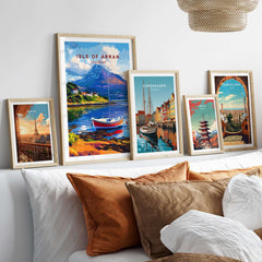 Isle of Arran Print Scotland featured among various travel art prints on a stylish wall display.