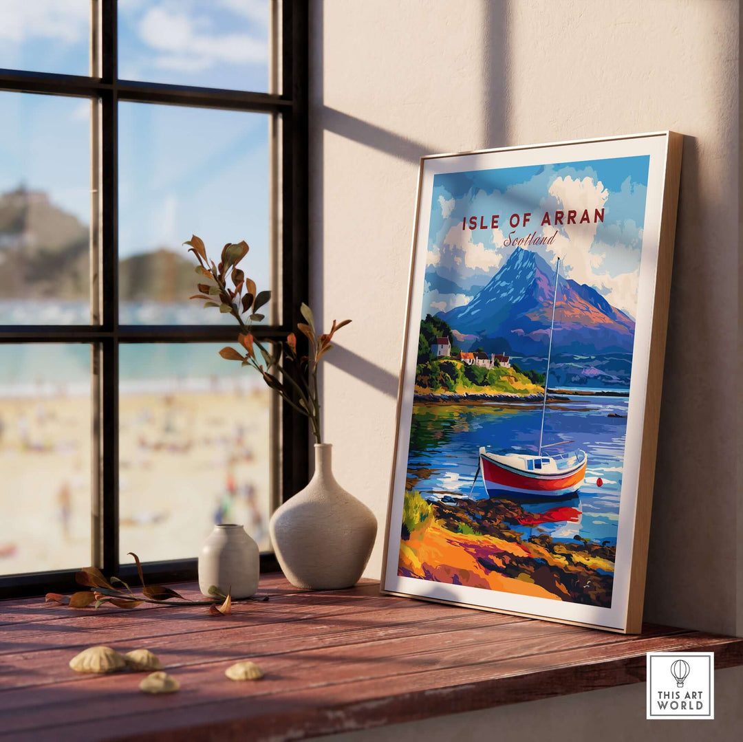 Isle of Arran print featuring a boat and mountains, bringing Scottish charm to home decor.