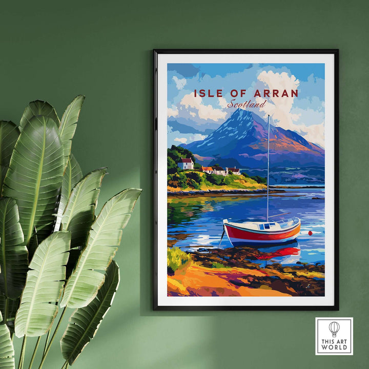 Vibrant Isle of Arran landscape print featuring a boat and mountains, perfect decorative art for Scotland lovers.