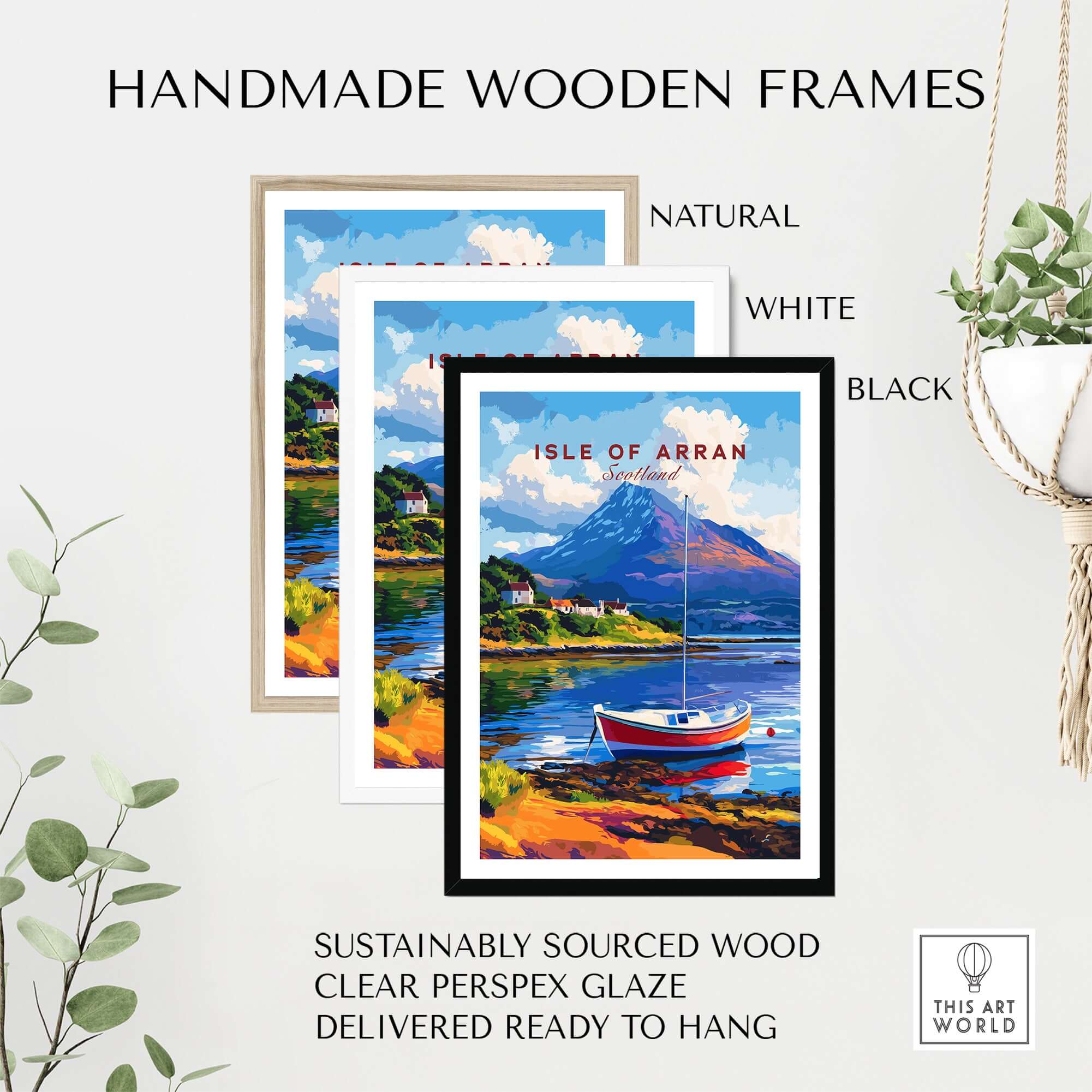 Isle of Arran Print Scotland in handmade wooden frames, featuring natural, white, and black options, ready to hang.