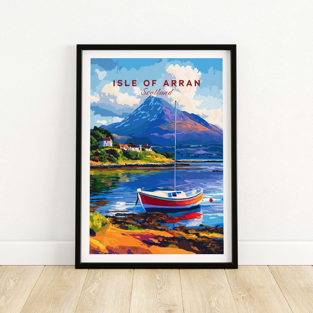 Isle of Arran Scotland print featuring a colorful landscape with a boat and mountains, adding Scottish charm to your decor.