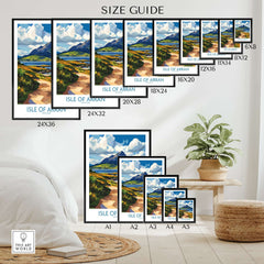 Size guide for the Isle of Arran Scotland Poster showcasing various print sizes and designs on display.