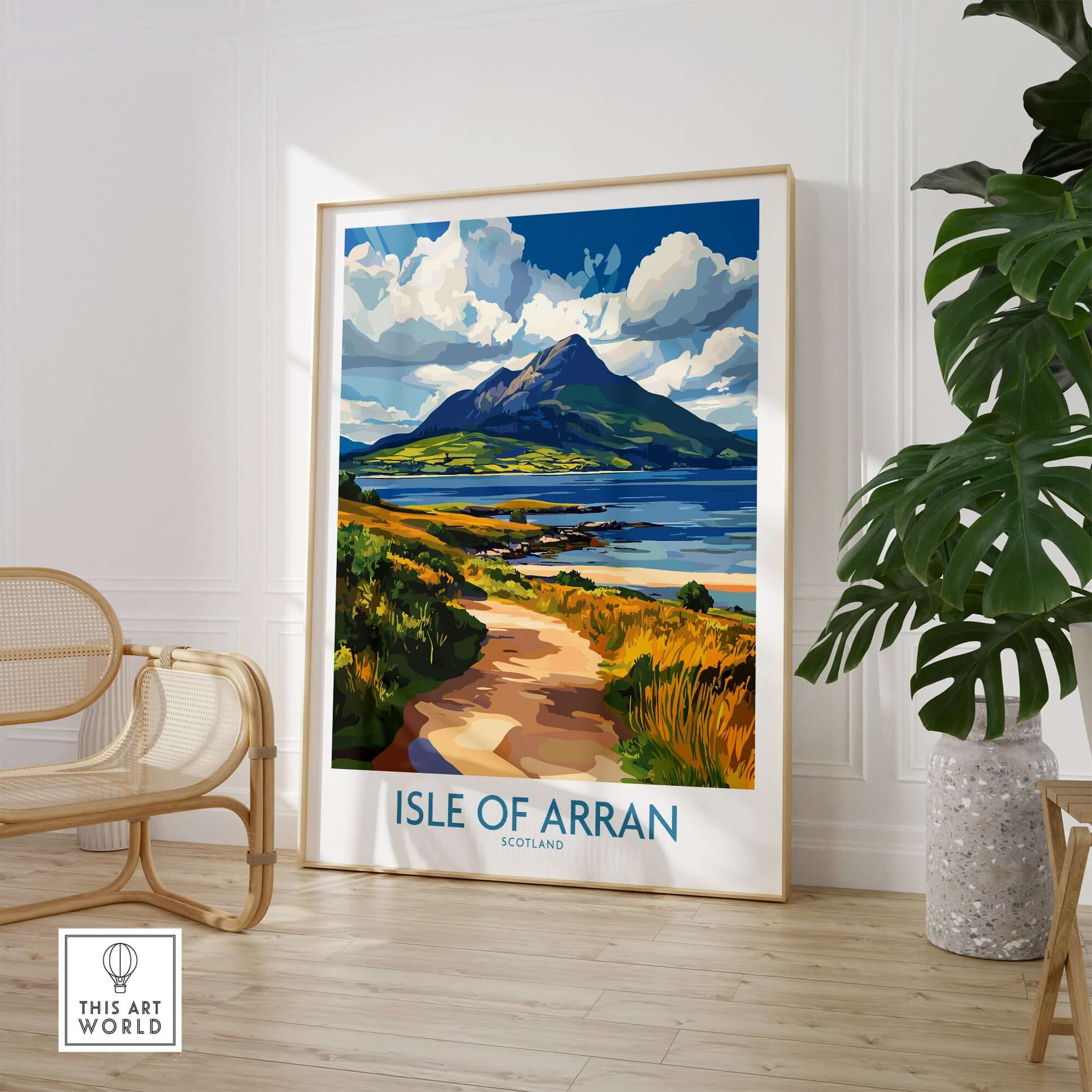 Isle of Arran Scotland Poster showcasing a scenic view of the island, perfect for home or office decor.