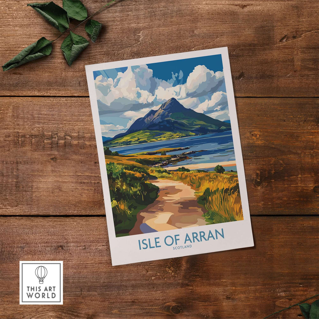 Isle of Arran Scotland poster featuring a scenic landscape and mountains, perfect for home decor.