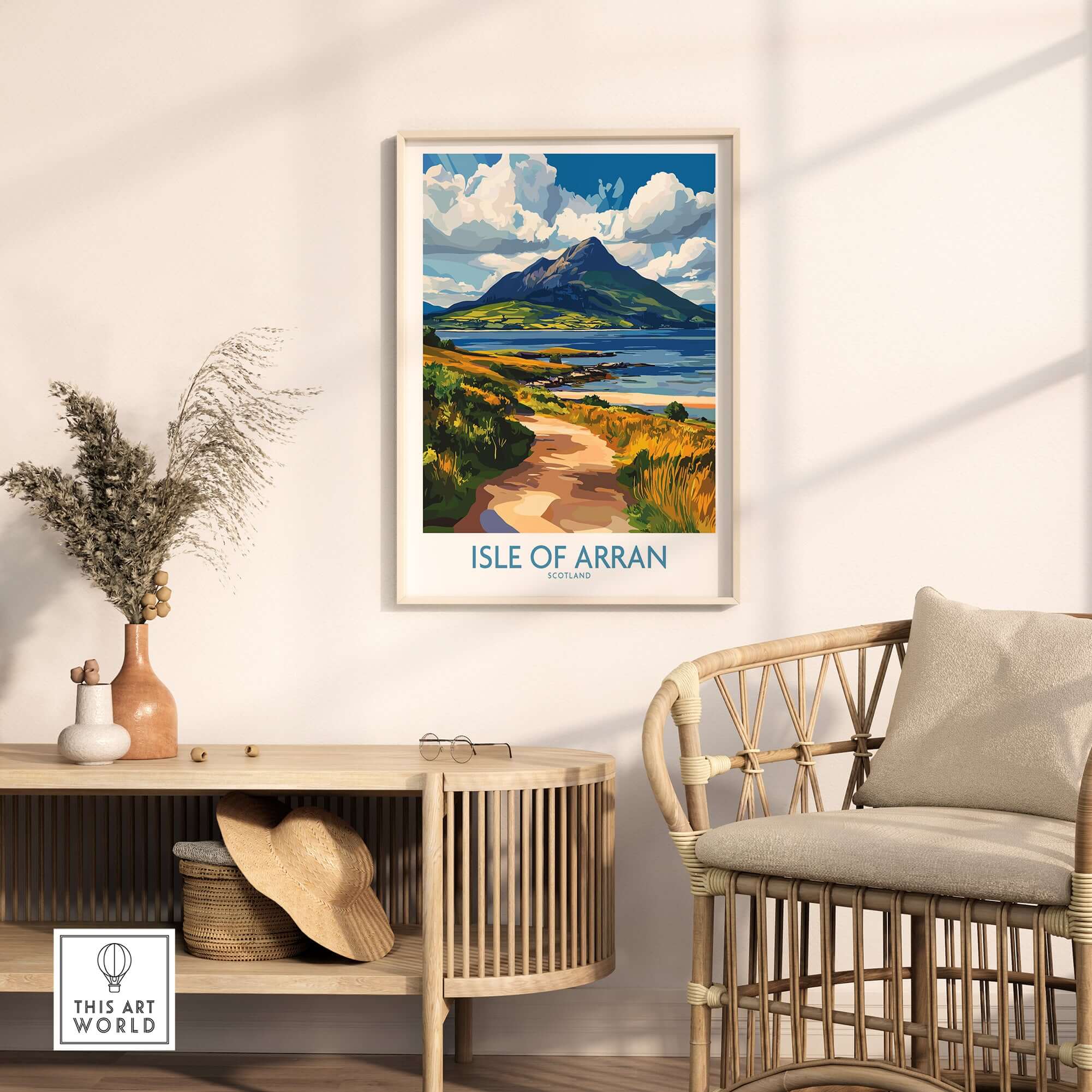 Isle of Arran Scotland Poster displayed in a modern living room with stylish decor.
