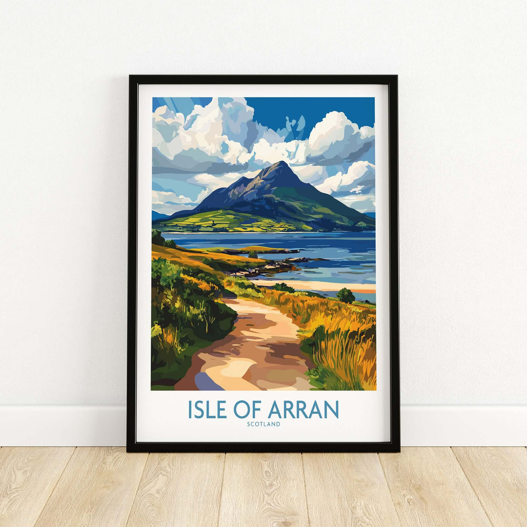 Isle of Arran poster showcasing vibrant landscape and scenic views of Scotland, perfect for home or office decor.